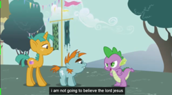 Size: 500x277 | Tagged: safe, screencap, character:snails, character:snips, character:spike, episode:boast busters, g4, my little pony: friendship is magic, artifact, atheism, youtube caption