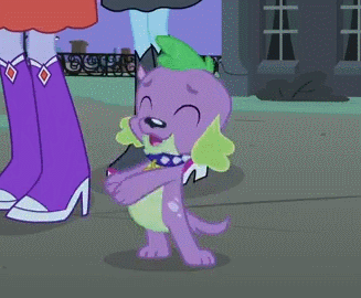 Size: 327x270 | Tagged: safe, screencap, character:cloudy kicks, character:photo finish, character:spike, species:dog, species:pony, equestria girls:equestria girls, g4, my little pony:equestria girls, animated, bipedal, boots, clapping, cloudy kicks, collar, fall formal outfits, high heel boots, seal, spike the dog, standing