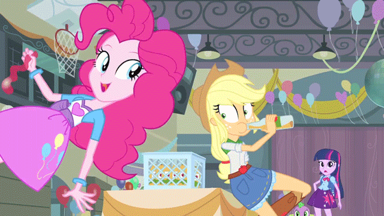 Size: 560x315 | Tagged: safe, screencap, character:applejack, character:pinkie pie, character:spike, character:twilight sparkle, equestria girls:equestria girls, g4, my little pony:equestria girls, animated, apple cider (drink), balloon, blowing, blowing up balloons, bottle, cider, drink, drinking, heart balloon, spit, spit take, spitting
