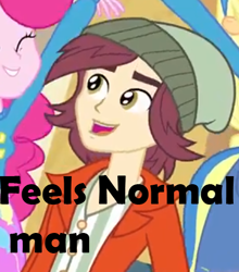 Size: 423x480 | Tagged: safe, screencap, character:applejack, character:normal norman, character:pinkie pie, equestria girls:equestria girls, g4, my little pony:equestria girls, background human, caption, feels good man, helping twilight win the crown, image macro
