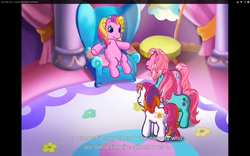 Size: 1920x1200 | Tagged: safe, screencap, character:minty, character:pinkie pie (g3), character:storybelle, character:sunny daze (g3), episode:two for the sky, g3, a very pony place, youtube caption
