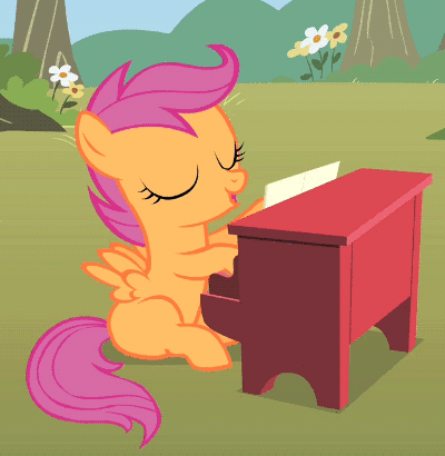 Size: 400x410 | Tagged: safe, screencap, character:scootaloo, species:pegasus, species:pony, episode:the show stoppers, g4, my little pony: friendship is magic, animated, cute, cutealoo, musical instrument, piano, scrunchy face