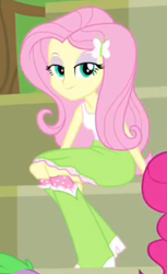 Size: 397x648 | Tagged: safe, screencap, character:fluttershy, character:pinkie pie, character:spike, species:dog, equestria girls:equestria girls, g4, my little pony:equestria girls, bleachers, boots, clothing, cropped, fourth wall, high heel boots, lidded eyes, looking at you, skirt, socks, solo focus, spike the dog
