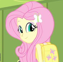 Size: 1054x1038 | Tagged: safe, screencap, character:fluttershy, equestria girls:equestria girls, g4, my little pony:equestria girls, backpack, cropped, cute, fourth wall, looking at you, solo