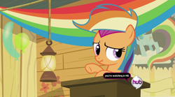Size: 1280x713 | Tagged: safe, screencap, character:rainbow dash, character:scootaloo, species:pegasus, species:pony, episode:the mysterious mare do well, g4, my little pony: friendship is magic, clubhouse, crusaders clubhouse, hub logo, rainbow wig, scrunchy face, solo