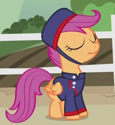 Size: 414x451 | Tagged: safe, screencap, character:scootaloo, species:pegasus, species:pony, episode:family appreciation day, g4, my little pony: friendship is magic, clothing, cropped, cute, cutealoo, disguise, eyes closed, hat, scootagram, smiling, solo, telegram, uniform