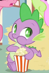 Size: 190x284 | Tagged: safe, screencap, character:daisy, character:lily, character:lily valley, character:spike, species:dragon, species:pony, episode:the cutie pox, g4, my little pony: friendship is magic, baby, baby dragon, bucket, cropped, cute, eating, female, food, green eyes, hay bale, leaning, male, mare, popcorn, scales, spikabetes