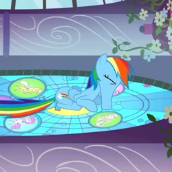 Size: 640x641 | Tagged: safe, screencap, character:rainbow dash, episode:the return of harmony, g4, my little pony: friendship is magic, cartoon physics, solo, stained glass, stretchy, wat