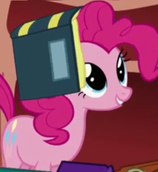 Size: 386x422 | Tagged: safe, screencap, character:pinkie pie, species:earth pony, species:pony, episode:sonic rainboom, g4, my little pony: friendship is magic, book, book hat, cropped, cute, golden oaks library, grin, smiling, solo
