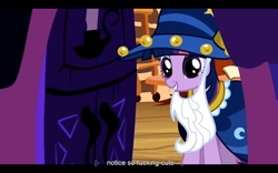 Size: 1024x640 | Tagged: safe, screencap, character:star swirl the bearded, character:twilight sparkle, character:twilight sparkle (unicorn), species:pony, species:unicorn, episode:luna eclipsed, g4, my little pony: friendship is magic, clothing, costume, cute, female, mare, solo, star swirl the bearded costume, truth, vulgar, youtube caption