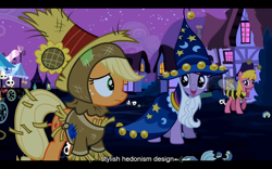 Size: 1024x640 | Tagged: safe, screencap, character:applejack, character:cherry berry, character:star swirl the bearded, character:twilight sparkle, episode:luna eclipsed, g4, my little pony: friendship is magic, youtube caption