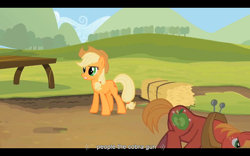 Size: 1024x640 | Tagged: safe, screencap, character:applejack, character:big mcintosh, species:earth pony, species:pony, episode:sisterhooves social, g4, my little pony: friendship is magic, male, stallion, youtube caption