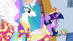 Size: 1254x705 | Tagged: safe, screencap, character:princess celestia, character:twilight sparkle, character:twilight sparkle (alicorn), species:alicorn, species:pony, episode:magical mystery cure, g4, my little pony: friendship is magic, big crown thingy, clothing, coronation dress, crown, dress, duo, element of magic, female, hub logo, jewelry, mare, regalia, tongue out