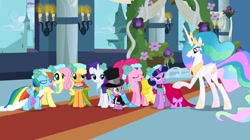 Size: 1254x704 | Tagged: safe, screencap, character:applejack, character:fluttershy, character:pinkie pie, character:princess celestia, character:rainbow dash, character:rarity, character:spike, character:twilight sparkle, episode:a canterlot wedding, g4, my little pony: friendship is magic, bow tie, bridesmaid dress, clothing, dress, hat, lidded eyes, mane seven, mane six, mid-blink screencap, top hat, tuxedo