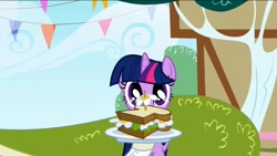 Size: 1136x640 | Tagged: safe, screencap, character:twilight sparkle, character:twilight sparkle (unicorn), species:pony, species:unicorn, episode:the ticket master, g4, my little pony: friendship is magic, cafe, clover cafe, daffodil and daisy sandwich, dilated pupils, eyes on the prize, female, food, mare, sandwich, solo focus, waiter, wat