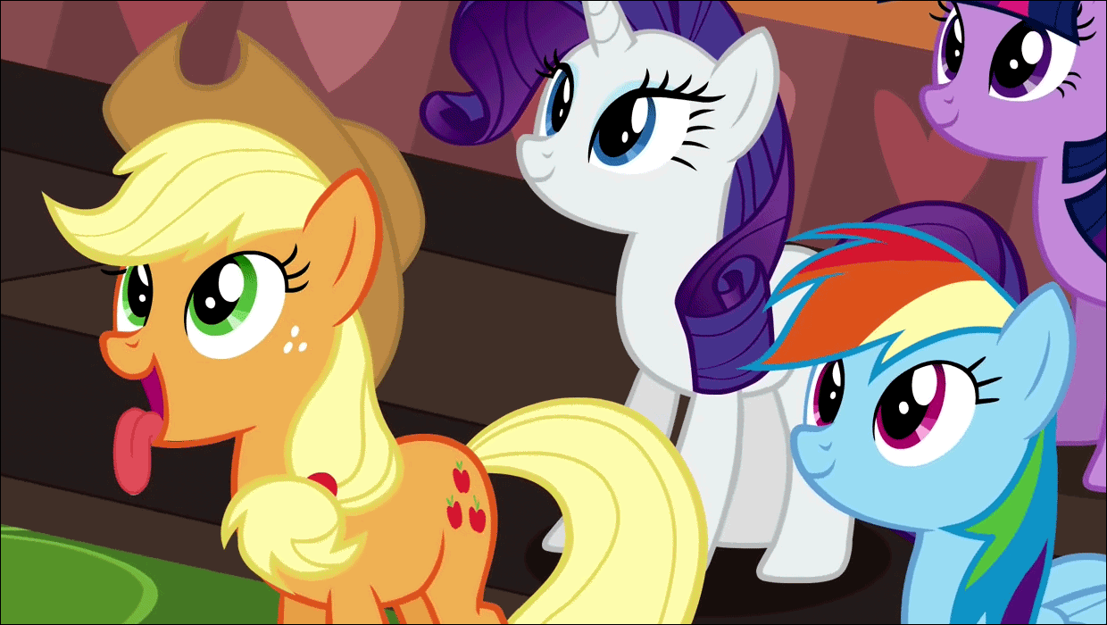 Size: 1240x700 | Tagged: safe, screencap, character:applejack, character:rainbow dash, character:rarity, character:twilight sparkle, episode:mmmystery on the friendship express, g4, my little pony: friendship is magic, animated, behaving like a dog, drool, glare, open mouth, tongue out