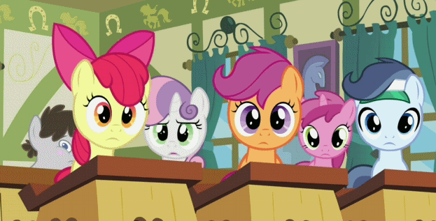 Size: 623x317 | Tagged: safe, screencap, character:apple bloom, character:ruby pinch, character:scootaloo, character:shady daze, character:sweetie belle, character:truffle shuffle, species:earth pony, species:pegasus, species:pony, episode:ponyville confidential, g4, my little pony: friendship is magic, animated, blinking, colt, cutie mark crusaders, looking at you, loop, male, reaction image