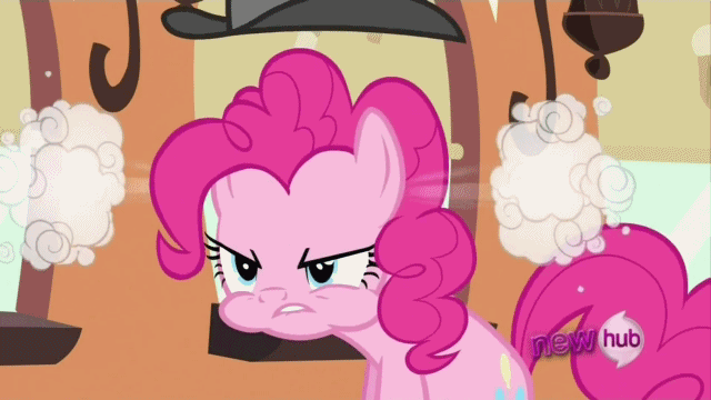 Size: 640x360 | Tagged: safe, screencap, character:pinkie pie, episode:mmmystery on the friendship express, g4, my little pony: friendship is magic, angry, animated, floating, hub logo, steam