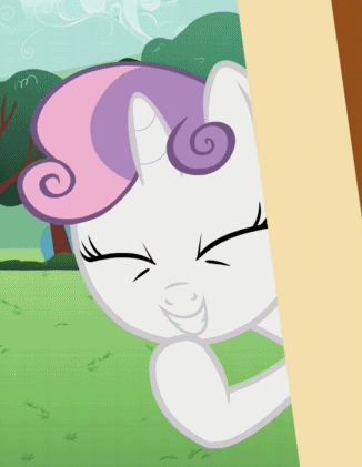 Size: 326x421 | Tagged: safe, screencap, character:sweetie belle, species:pony, species:unicorn, episode:ponyville confidential, g4, my little pony: friendship is magic, animated, cute, diasweetes, eyes closed, gif, giggling, laughing, snickering, solo
