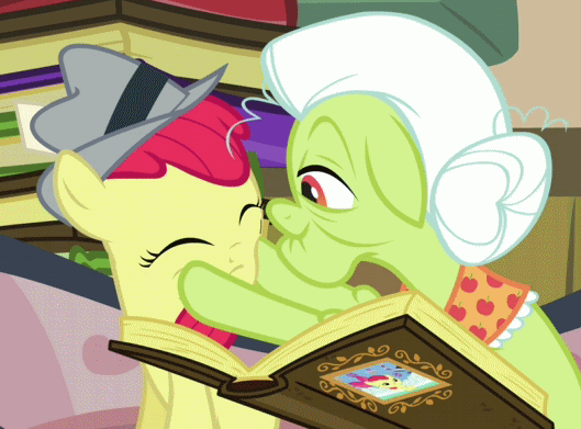 Size: 529x391 | Tagged: safe, screencap, character:apple bloom, character:granny smith, episode:ponyville confidential, g4, my little pony: friendship is magic, animated, clothing, cropped, duo, face grab, female, grandmother, grandmother and grandchild, hat, photo album, squishy cheeks