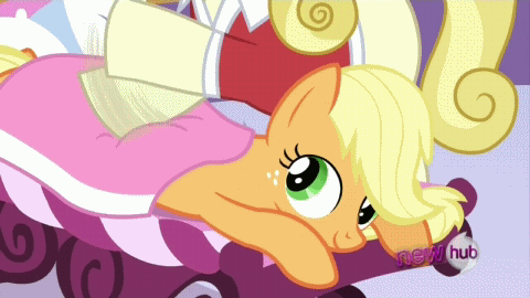Size: 480x270 | Tagged: safe, screencap, character:applejack, species:earth pony, species:pony, episode:ponyville confidential, g4, my little pony: friendship is magic, animated, female, grin, hoofy-kicks, lidded eyes, looking up, mare, massage, open mouth, prone, smiling, solo focus, talking