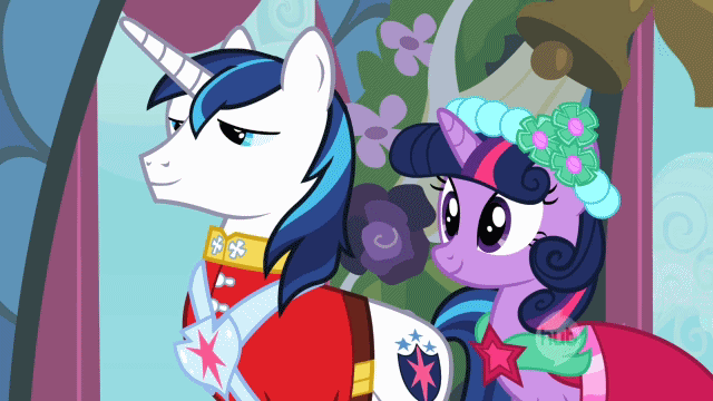 Size: 640x360 | Tagged: safe, screencap, character:shining armor, character:twilight sparkle, episode:a canterlot wedding, g4, my little pony: friendship is magic, alternate hairstyle, animated, bridesmaid dress, brother and sister, clothing, dress, duo, female, glowing horn, horn, hub logo, magic, male, siblings, telekinesis, uniform