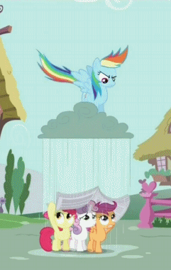 Size: 241x381 | Tagged: safe, screencap, character:apple bloom, character:rainbow dash, character:scootaloo, character:sweetie belle, species:pegasus, species:pony, episode:ponyville confidential, g4, my little pony: friendship is magic, animated, applebuse, cloud, cropped, cutie mark crusaders, newspaper, rain, raincloud, scootabuse, sweetiebuse
