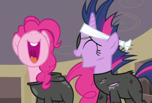 Size: 598x405 | Tagged: safe, screencap, character:pinkie pie, character:twilight sparkle, episode:it's about time, g4, my little pony: friendship is magic, animated, bandage, catsuit, cut, eyepatch, laughing, laughingmares.jpg, nose in the air