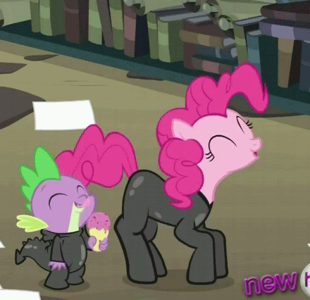 Size: 440x426 | Tagged: safe, screencap, character:pinkie pie, character:spike, episode:it's about time, g4, my little pony: friendship is magic, animated, catsuit, cropped, hopping, hub logo, ice cream, pronking