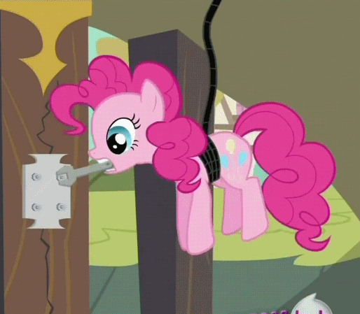 Size: 514x449 | Tagged: safe, screencap, character:pinkie pie, episode:it's about time, g4, my little pony: friendship is magic, animated, bridge, hanging, hub logo, loop, mouth hold, rope, solo, wrench