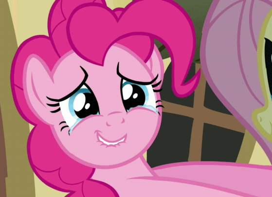 Size: 559x405 | Tagged: safe, screencap, character:fluttershy, character:pinkie pie, episode:putting your hoof down, g4, my little pony: friendship is magic, animated, cropped, loop, offscreen character, solo focus, teary eyes