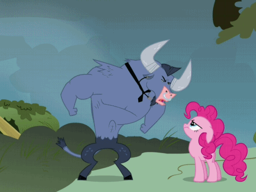 Size: 504x379 | Tagged: safe, screencap, character:iron will, character:pinkie pie, species:earth pony, species:minotaur, species:pony, episode:putting your hoof down, g4, my little pony: friendship is magic, animated, argument, cartoon physics, female, long neck, long pony, male, mare, nope, pinkie being pinkie, pinkie physics, stretch