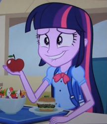 Size: 565x653 | Tagged: safe, screencap, character:twilight sparkle, equestria girls:equestria girls, g4, my little pony:equestria girls, apple, eating, embarrassed, food, solo