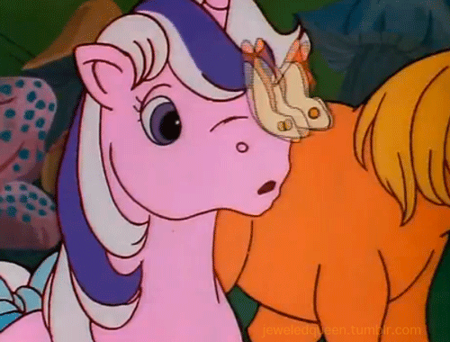 Size: 500x380 | Tagged: safe, artist:jeweledqueen, screencap, character:twilight (g1), species:pony, species:unicorn, episode:rescue at midnight castle, g1, animated, butterfly, insect on nose, looking at something, solo focus