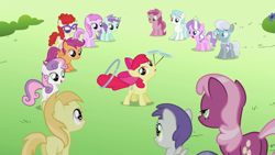 Size: 640x360 | Tagged: safe, screencap, character:apple bloom, character:cheerilee, character:cotton cloudy, character:diamond tiara, character:liza doolots, character:noi, character:petunia, character:piña colada, character:ruby pinch, character:scootaloo, character:silver spoon, character:sweetie belle, character:tootsie flute, character:tornado bolt, character:twist, species:pegasus, species:pony, episode:the cutie pox, g4, my little pony: friendship is magic, bedroom eyes, loop-de-hoop, piña cutelada, plate spinning