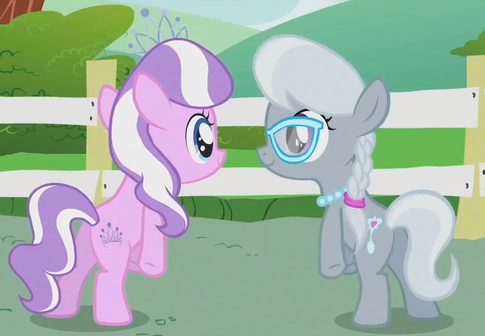 Size: 970x673 | Tagged: safe, screencap, character:diamond tiara, character:silver spoon, species:earth pony, species:pony, episode:call of the cutie, g4, my little pony: friendship is magic, animated, arrogant, balancing, best friends, bipedal, bump bump sugar lump rump, cropped, cute, diamondbetes, duo, eye contact, female, filly, glasses, loop, open mouth, plot, raised leg, silverbetes, sin of pride, smiling, standing, standing on one leg, underhoof