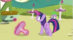 Size: 960x534 | Tagged: safe, screencap, character:spike, character:twilight sparkle, species:dragon, species:pony, species:unicorn, episode:too many pinkie pies, g4, my little pony: friendship is magic, apple, duo, female, food, glowing horn, horn, levitation, magic, magic aura, male, mare, table, telekinesis