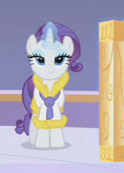 Size: 250x350 | Tagged: safe, screencap, character:rarity, episode:green isn't your color, g4, my little pony: friendship is magic, bathrobe, clothing, lidded eyes, looking at you, magic, robe, smiling, solo