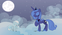 Size: 1920x1080 | Tagged: safe, artist:nyanrose, screencap, character:princess luna, oc, oc:snowdrop, species:alicorn, species:pegasus, species:pony, cloud, cloudy, cute, hnnng, moon, s1 luna, snowdrop (animation)