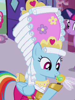 Size: 243x322 | Tagged: safe, screencap, character:pinkie pie, character:rainbow dash, character:twilight sparkle, episode:swarm of the century, g4, my little pony: friendship is magic, animated, kiss on the cheek, kissing, mare antoinette, marie antoinette, parasprite, platonic kiss, rainbow dash always dresses in style, solo focus, wig