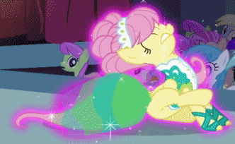 Size: 332x204 | Tagged: safe, screencap, character:amethyst star, character:candy mane, character:derpy hooves, character:fluttershy, character:lyra heartstrings, character:merry may, character:sparkler, character:twinkleshine, character:white lightning, species:pegasus, species:pony, episode:green isn't your color, g4, my little pony: friendship is magic, animated, behaving like a dog, body control, cropped, ear scratch, female, loop, majestic as fuck, mare, modelshy, scratching