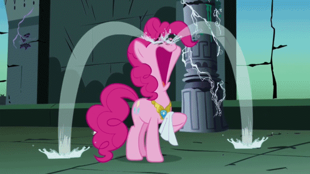 Size: 640x360 | Tagged: safe, screencap, character:pinkie pie, episode:friendship is magic, g4, my little pony: friendship is magic, 2017, animated, bronysquare, castle of the royal pony sisters, closed, crying, element of laughter, end of an era, eyes closed, handkerchief, ocular gushers, open mouth, pinkie being pinkie, pinkie cry, ponysquare, sad, shut down, solo, tissue