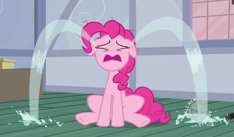 Size: 768x450 | Tagged: safe, screencap, character:pinkie pie, episode:baby cakes, g4, my little pony: friendship is magic, animated, crying, hub logo, ocular gushers, pinkie cry, sitting, tears of stress