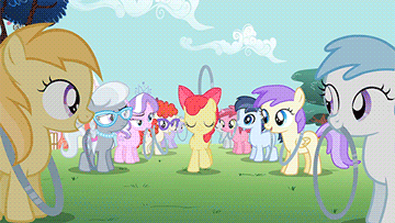 Size: 360x203 | Tagged: safe, screencap, character:alula, character:apple bloom, character:cotton cloudy, character:diamond tiara, character:noi, character:pluto, character:ruby pinch, character:shady daze, character:silver spoon, character:snails, character:snips, character:twist, episode:the cutie pox, g4, my little pony: friendship is magic, animated, blushing, fake cutie mark, loop-de-hoop, snipsbloom