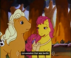 Size: 438x360 | Tagged: safe, screencap, character:ace (g1), character:bon bon (g1), episode:the great lemonade stand wars, g1, my little pony tales, youtube caption