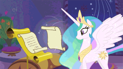 Size: 500x281 | Tagged: safe, screencap, character:princess celestia, species:alicorn, species:pony, episode:griffon the brush-off, animated, crown, eyes closed, female, flower, frown, gritted teeth, jewelry, letter, looking up, magic, mare, open mouth, raised hoof, regalia, scroll, solo, spread wings, wings