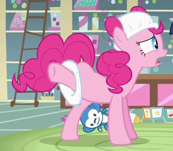 Size: 579x507 | Tagged: safe, screencap, character:pinkie pie, species:earth pony, species:pony, episode:baby cakes, g4, my little pony: friendship is magic, animated, cropped, diaper, diaper on head, gif