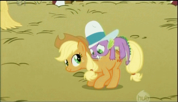 Size: 707x407 | Tagged: safe, screencap, character:applejack, character:spike, species:dragon, species:earth pony, species:pony, episode:fall weather friends, g4, my little pony: friendship is magic, animated, bouncing, bucking, clothing, cowboy hat, dragons riding ponies, female, grin, gritted teeth, hat, hay, male, mare, nervous, open mouth, out of context, riding, smiling, stetson, ten gallon hat