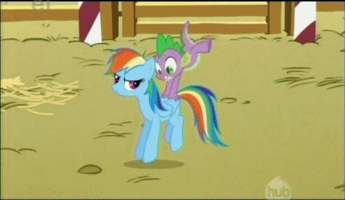 Size: 493x286 | Tagged: safe, screencap, character:rainbow dash, character:spike, species:dragon, species:pegasus, species:pony, episode:fall weather friends, g4, my little pony: friendship is magic, animated, bucking, cropped, dragons riding ponies, duo, female, loop, male, mare, riding