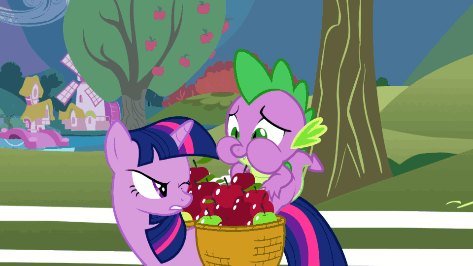 Size: 960x540 | Tagged: safe, screencap, character:spike, character:twilight sparkle, character:twilight sparkle (unicorn), species:dragon, species:pony, species:unicorn, episode:the ticket master, g4, my little pony: friendship is magic, animated, apple, apple tree, burp, claws, displeased, dragon mail, dragonfire, dragons riding ponies, eating, female, fire, food, glare, green fire, male, mare, riding, shrug, sin of gluttony, slit eyes, tree, twilight is not amused, unamused
